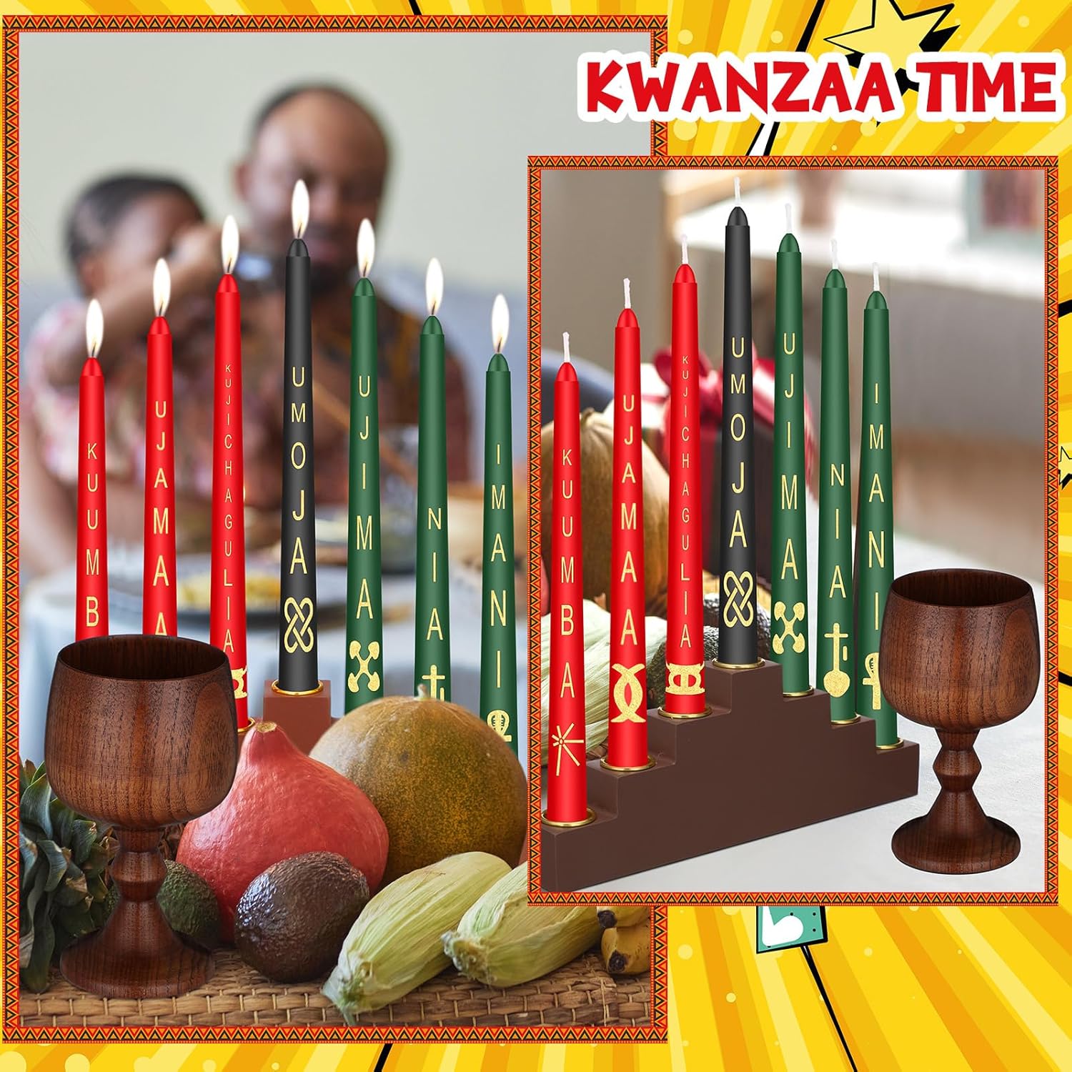 7 Pcs Kwanzaa Kinara Taper Candles Set with Holder and Unity Cup