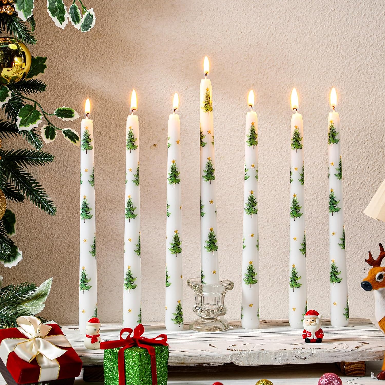 12 Pcs Dripless Taper Candles with Christmas Tree Patterns
