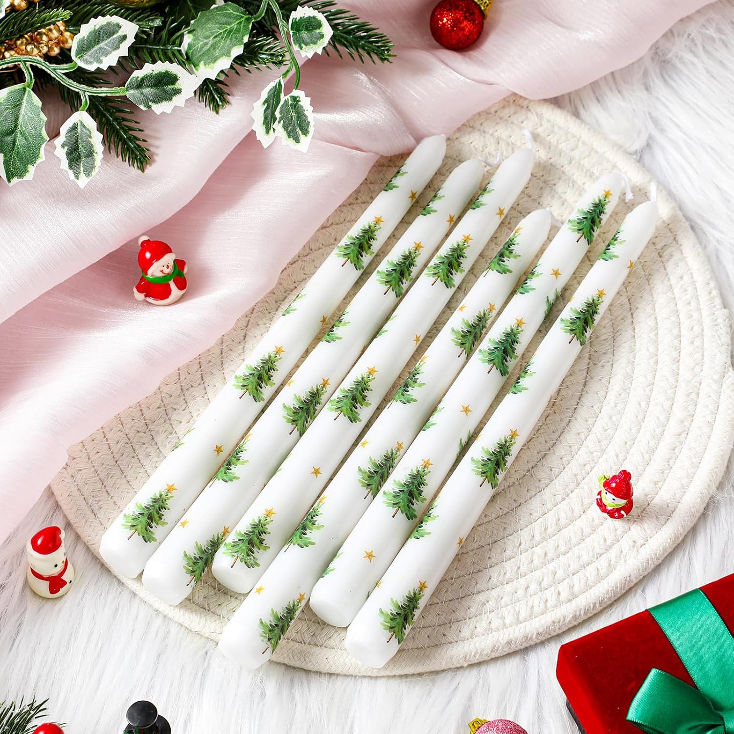 12 Pcs Dripless Taper Candles with Christmas Tree Patterns