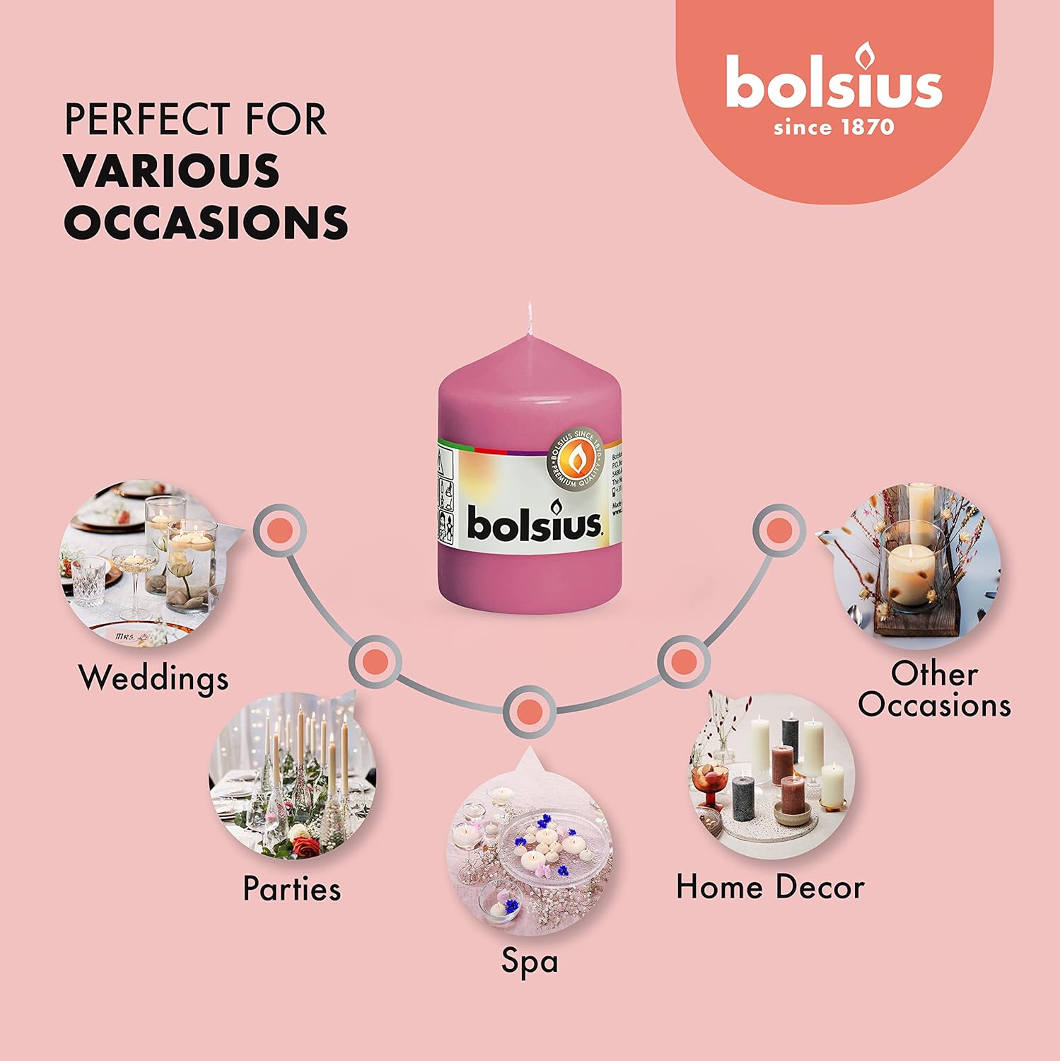 BOLSIUS 10 Pink Pillar Candles - 17 Hour Burn Time