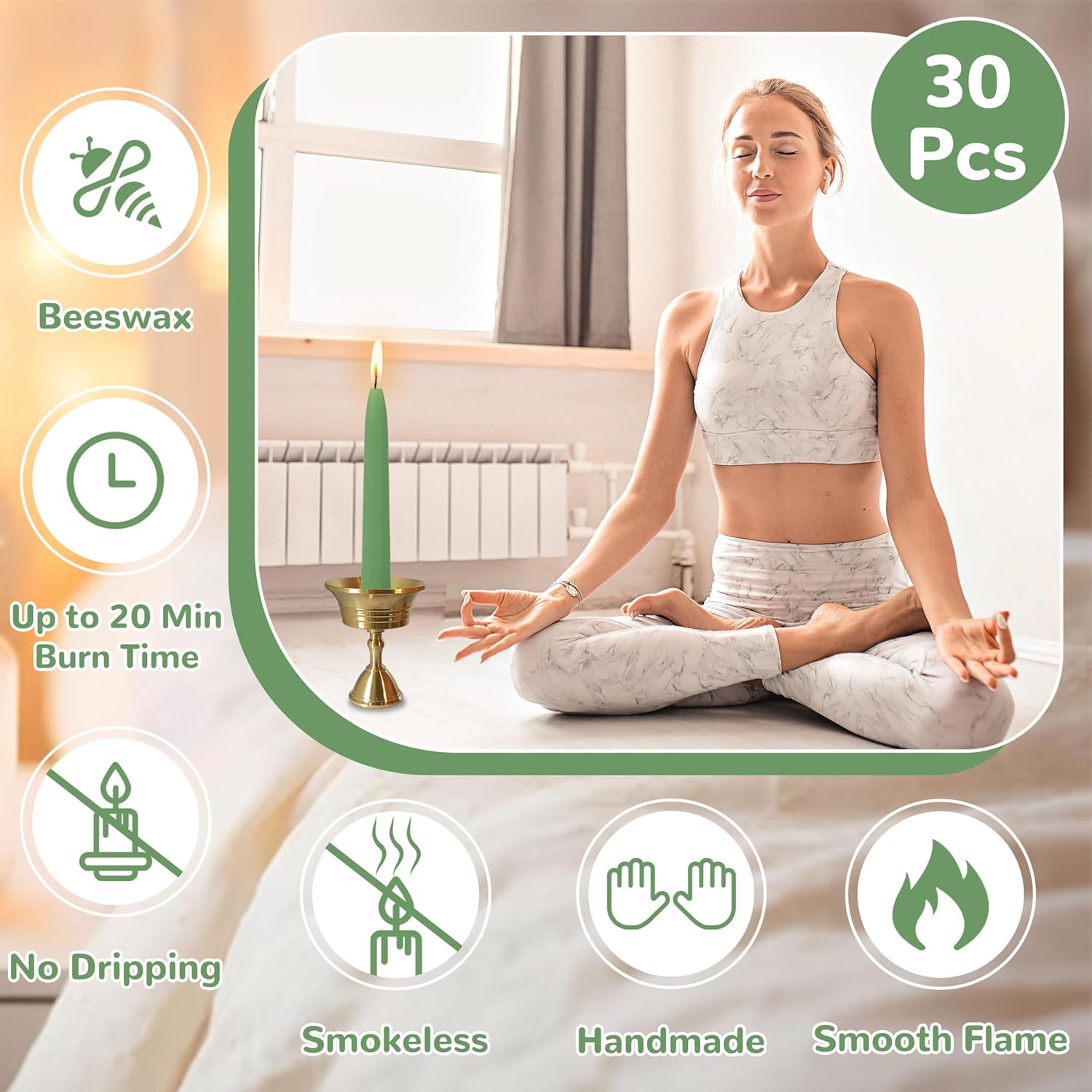 20 Min Sage Green Meditation Candles - 30 Pack with Holder and Wax Dots