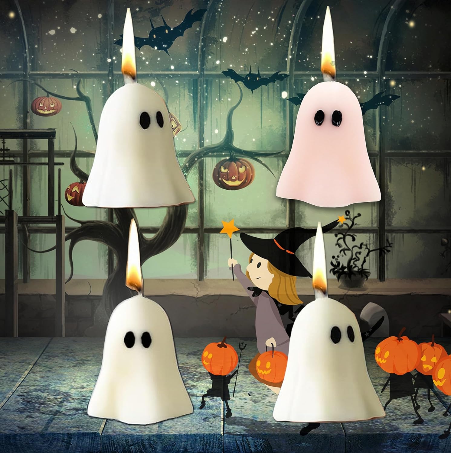 4 Piece Cute Ghost Candle Set for Halloween Decor