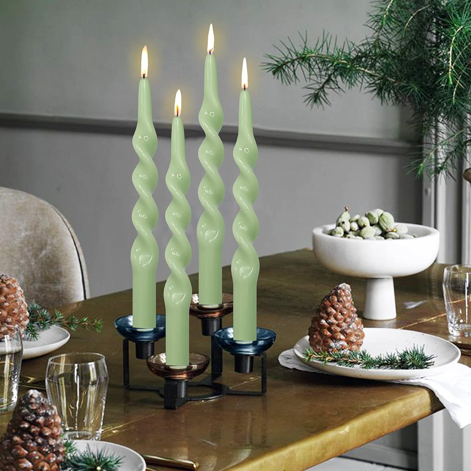 Handmade Spiral Taper Candles - Set of 4 Green