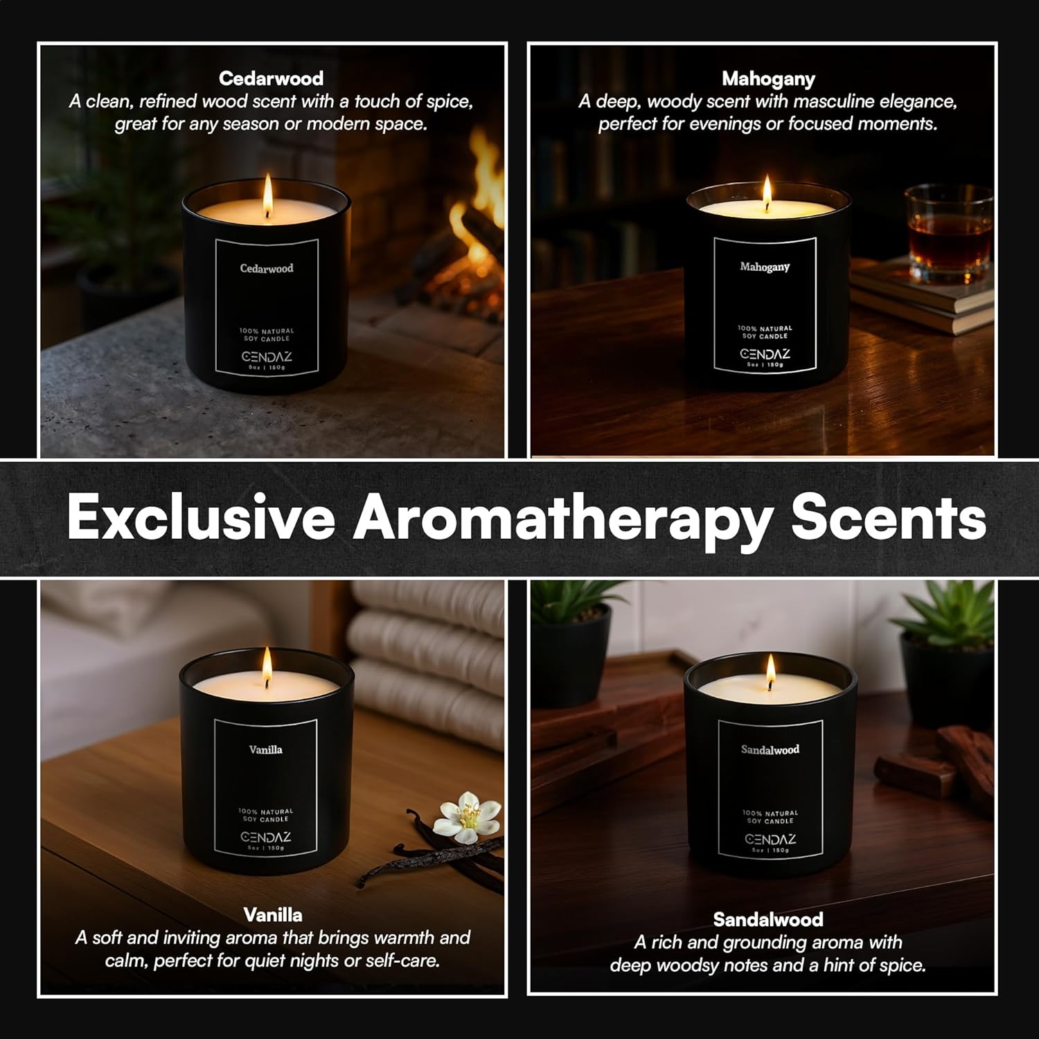 Cendaz Scented Mens Candle Set 4-Pack with Snuffer
