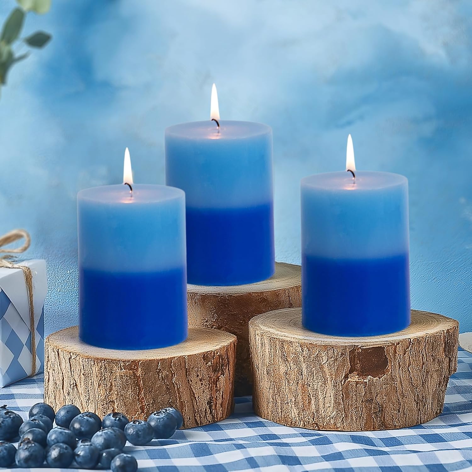 KONNI Blue Layered Pillar Candles Set of 3 3x4