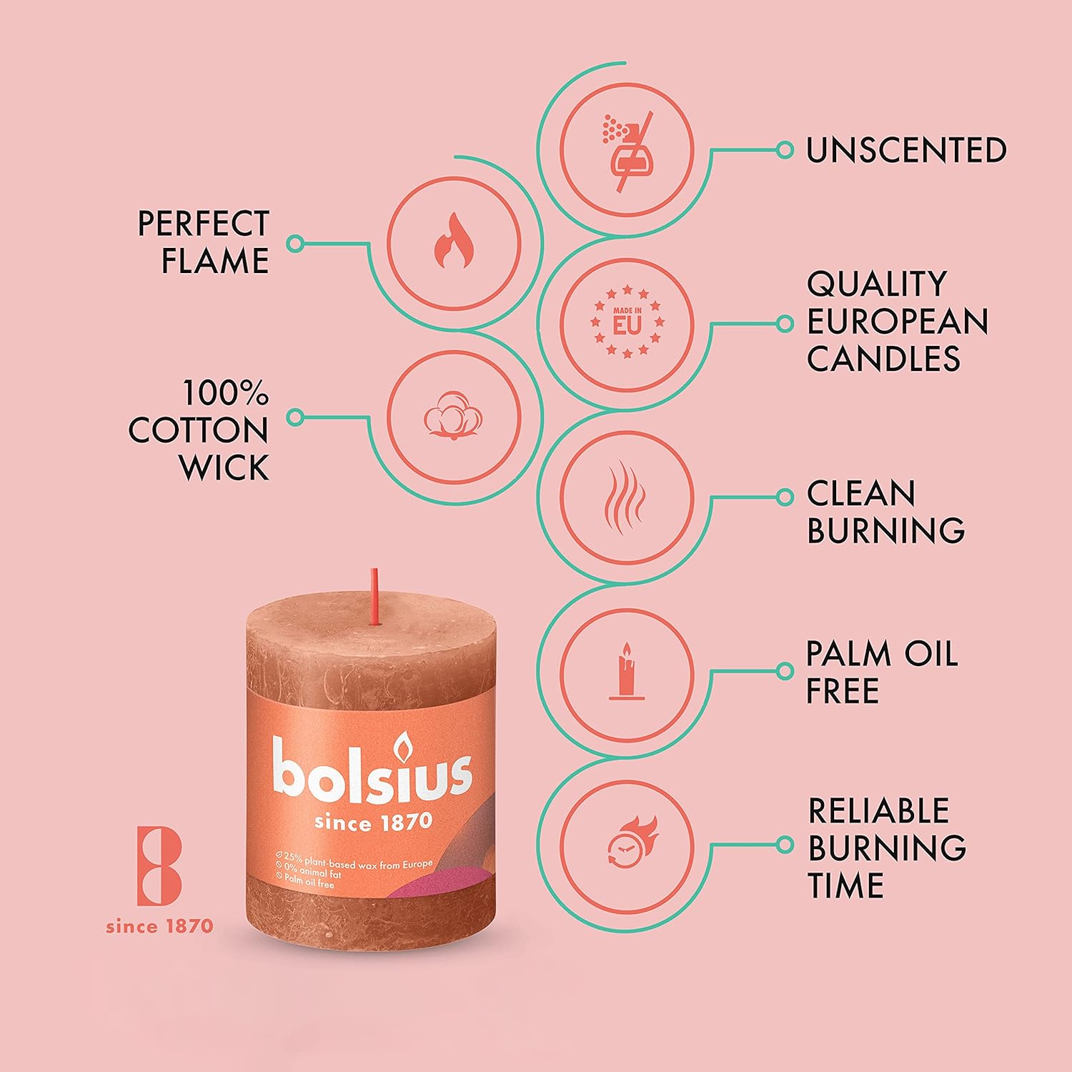 BOLSIUS 4 Pack Rusty Pink Pillar Candles