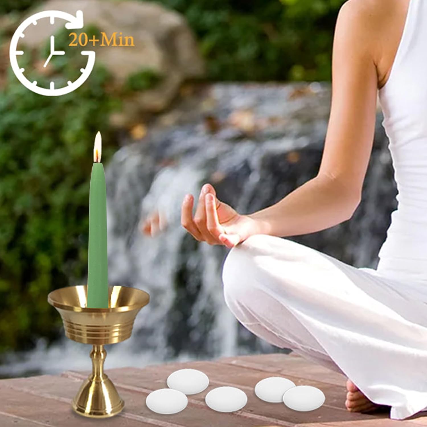 20 Min Sage Green Meditation Candles - 30 Pack with Holder and Wax Dots