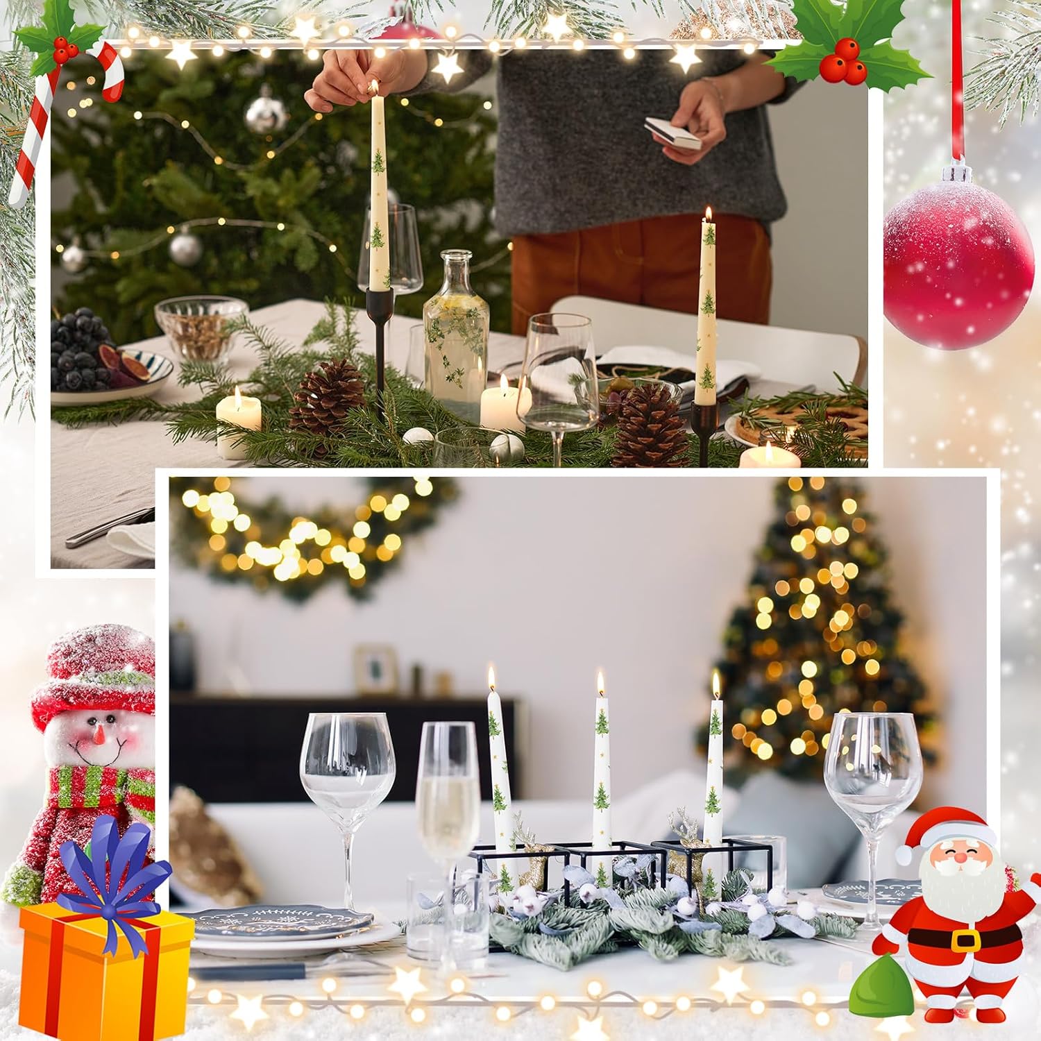 12 Pcs Dripless Taper Candles with Christmas Tree Patterns