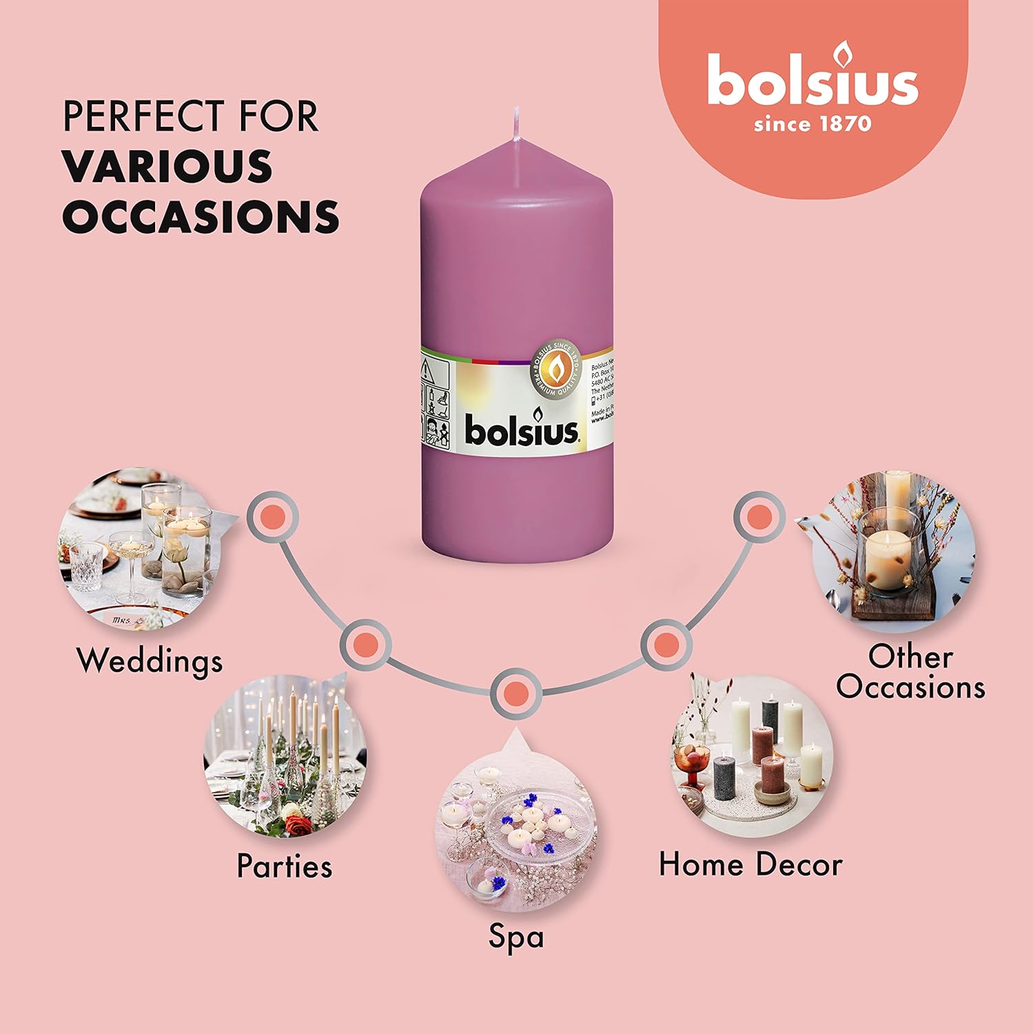 BOLSIUS 8 Pink Pillar Candles - 43 Hours Burn Time