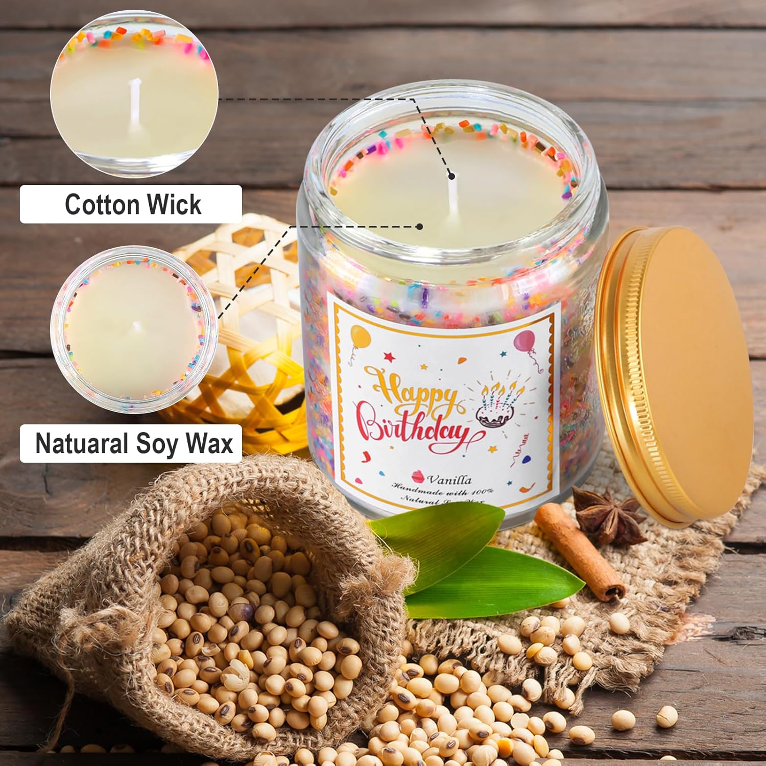 Happy Birthday Candle Vanilla Cake Scent Soy Wax Jar Candles