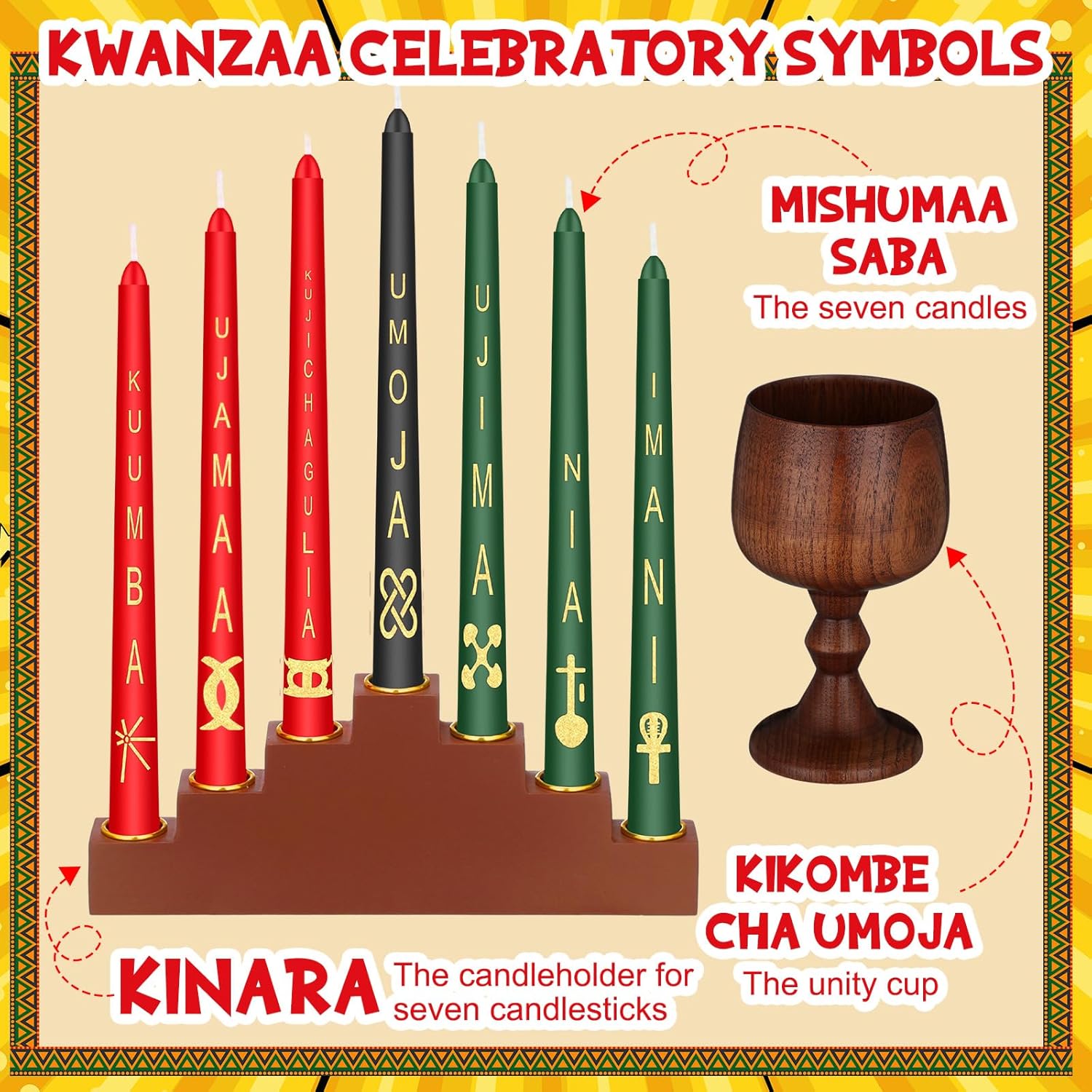 7 Pcs Kwanzaa Kinara Taper Candles Set with Holder and Unity Cup