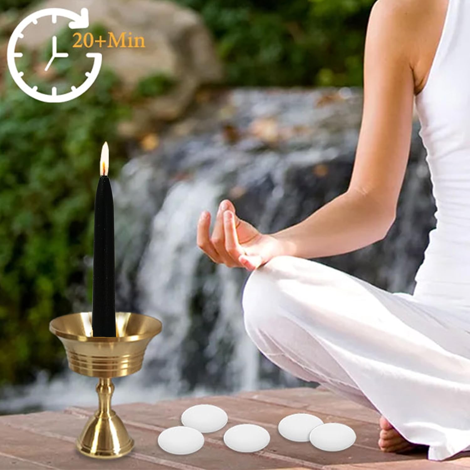 20 Min Black Meditation Candles 30 Pack with Holder and Wax Dots