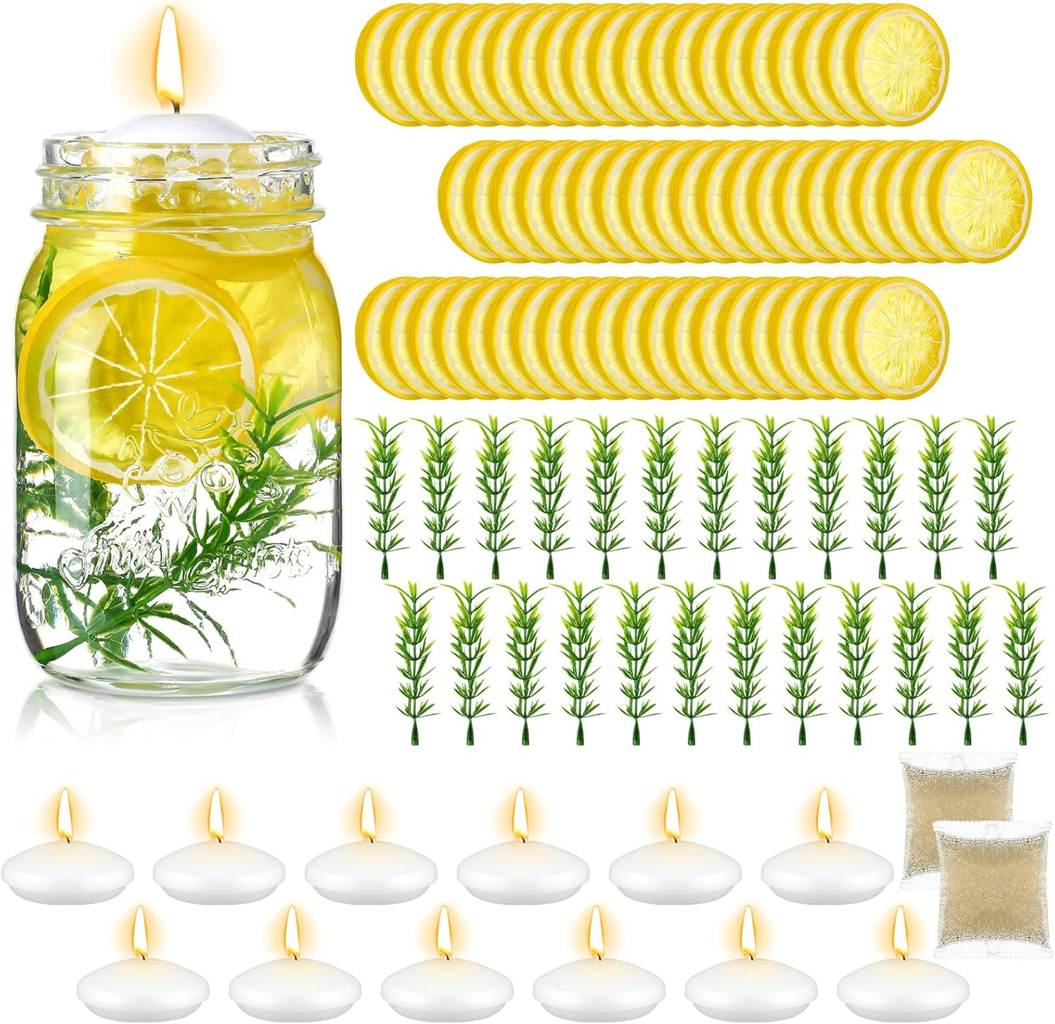 Riceshoot 98 Pcs Lemon Vase Fillers with Floating Candles Kit
