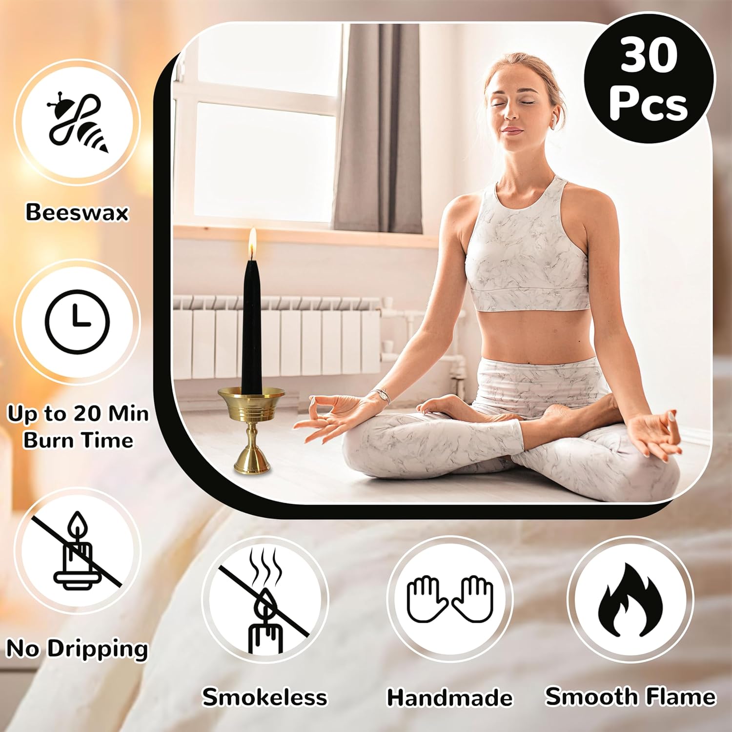 20 Min Black Meditation Candles 30 Pack with Holder and Wax Dots