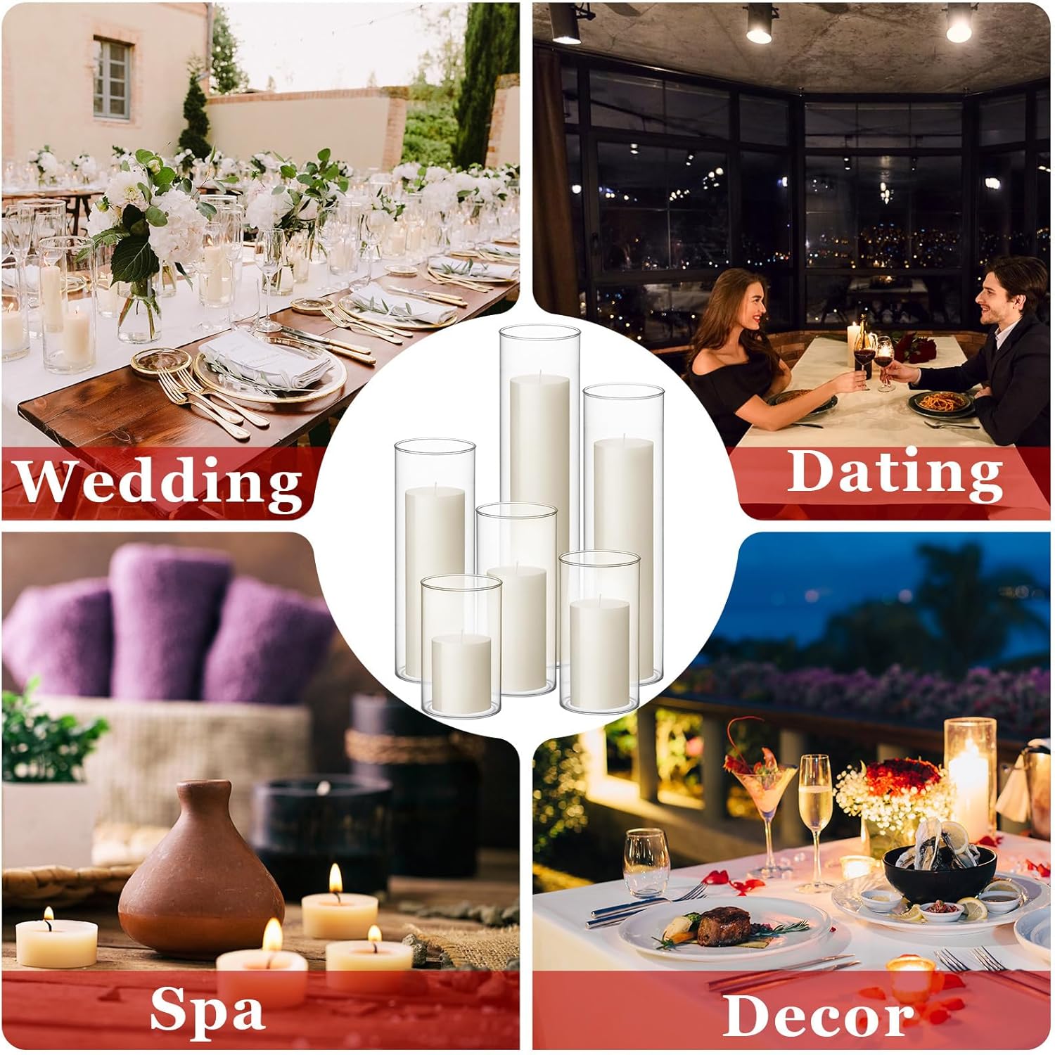 Shihanee Ivory Pillar Candles with 6 Glass Vases Set