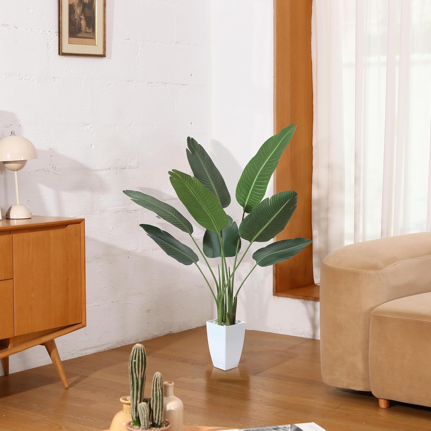Artificial Bird of Paradise Plant 4 Ft with White Taper Planter