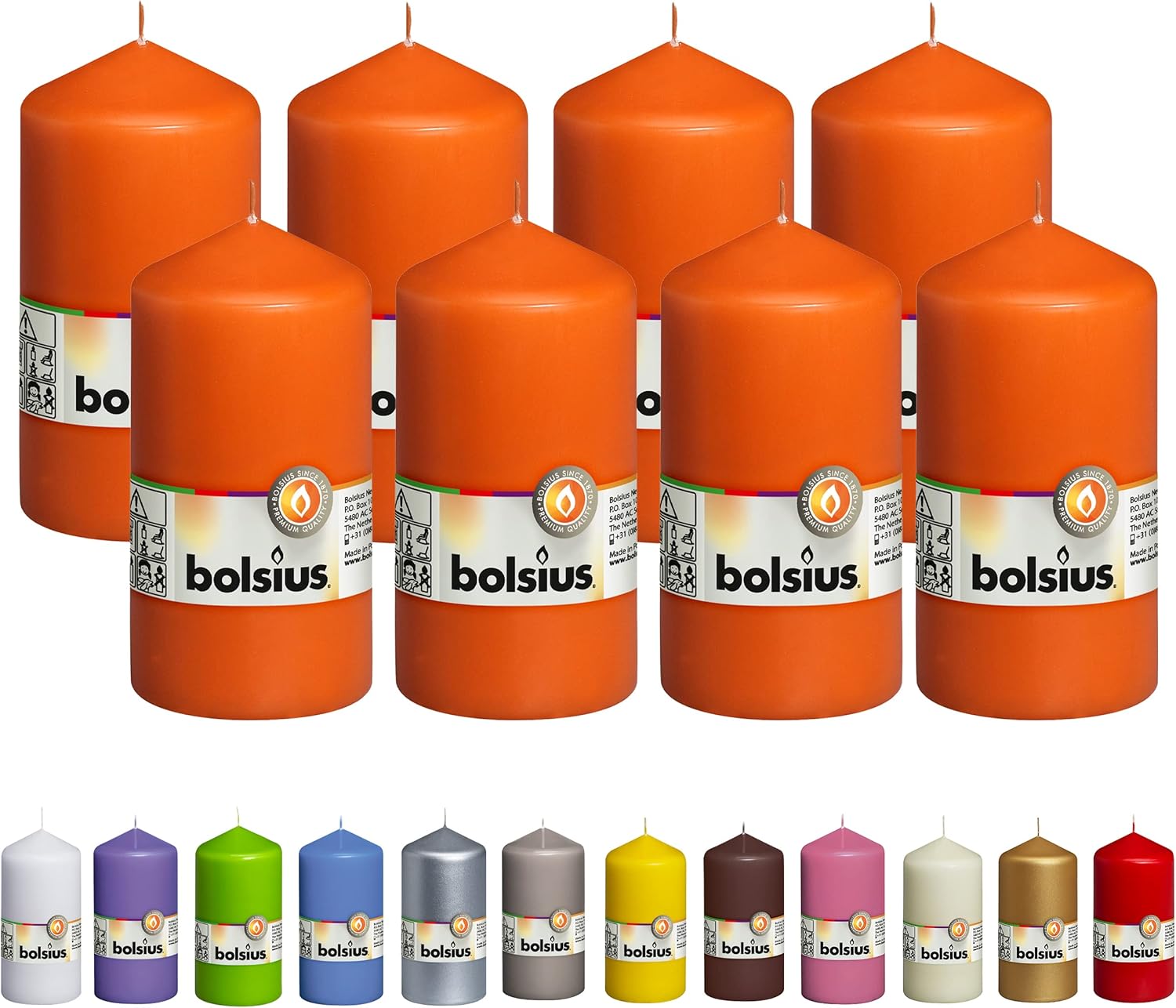 BOLSIUS 8 Unscented Orange Pillar Candles 43 Hours Burn Time