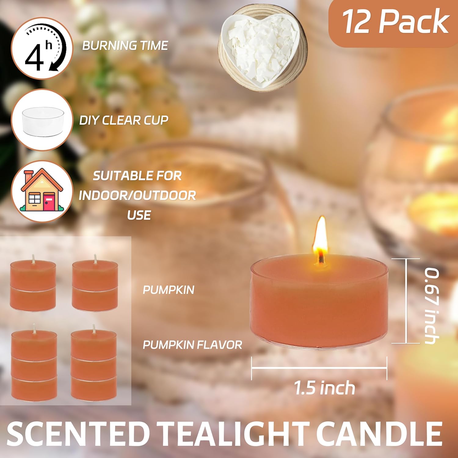 Pumpkin Scented Tea Light Candles Natural Soy Wax with Essential Oils
