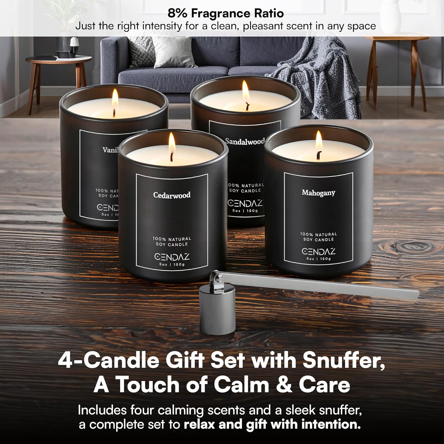 Cendaz Scented Mens Candle Set 4-Pack with Snuffer