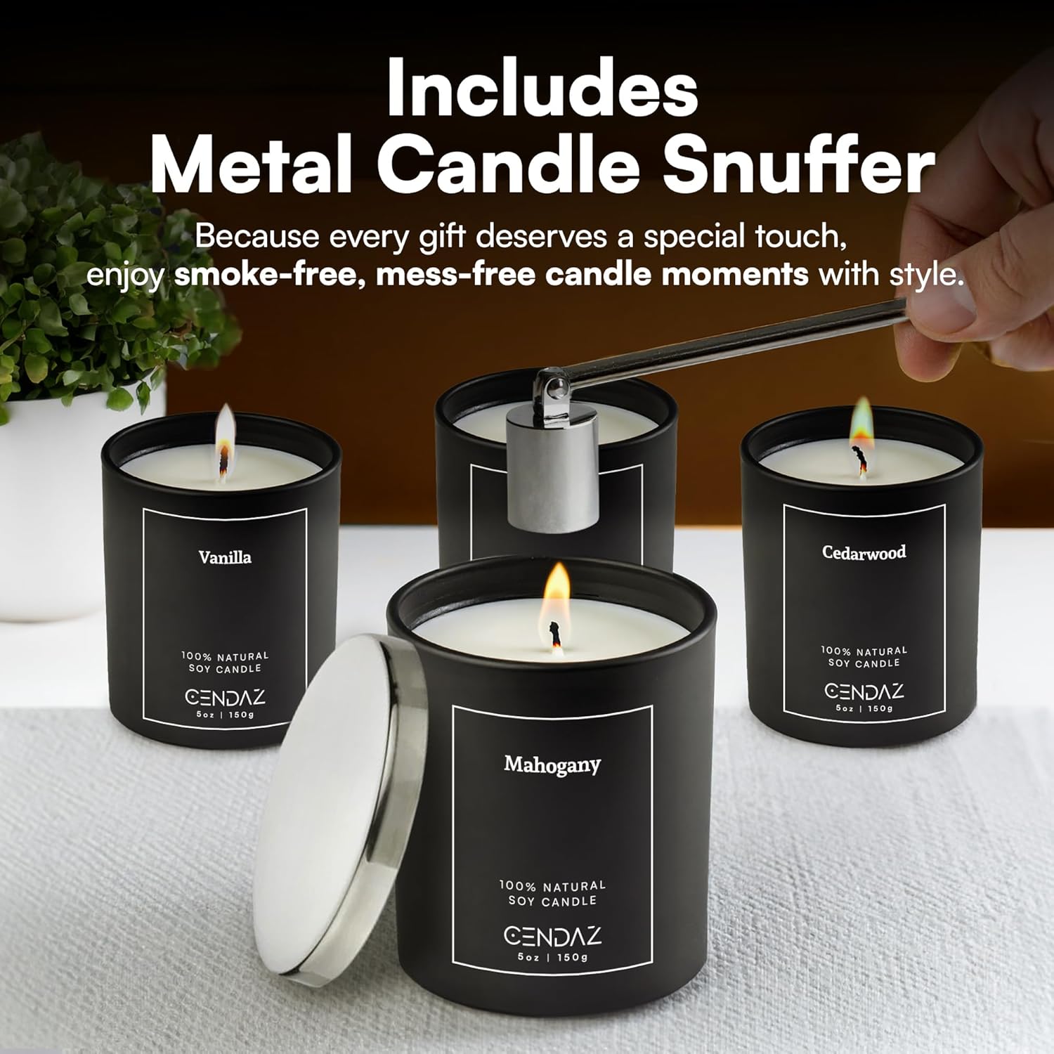 Cendaz Scented Mens Candle Set 4-Pack with Snuffer