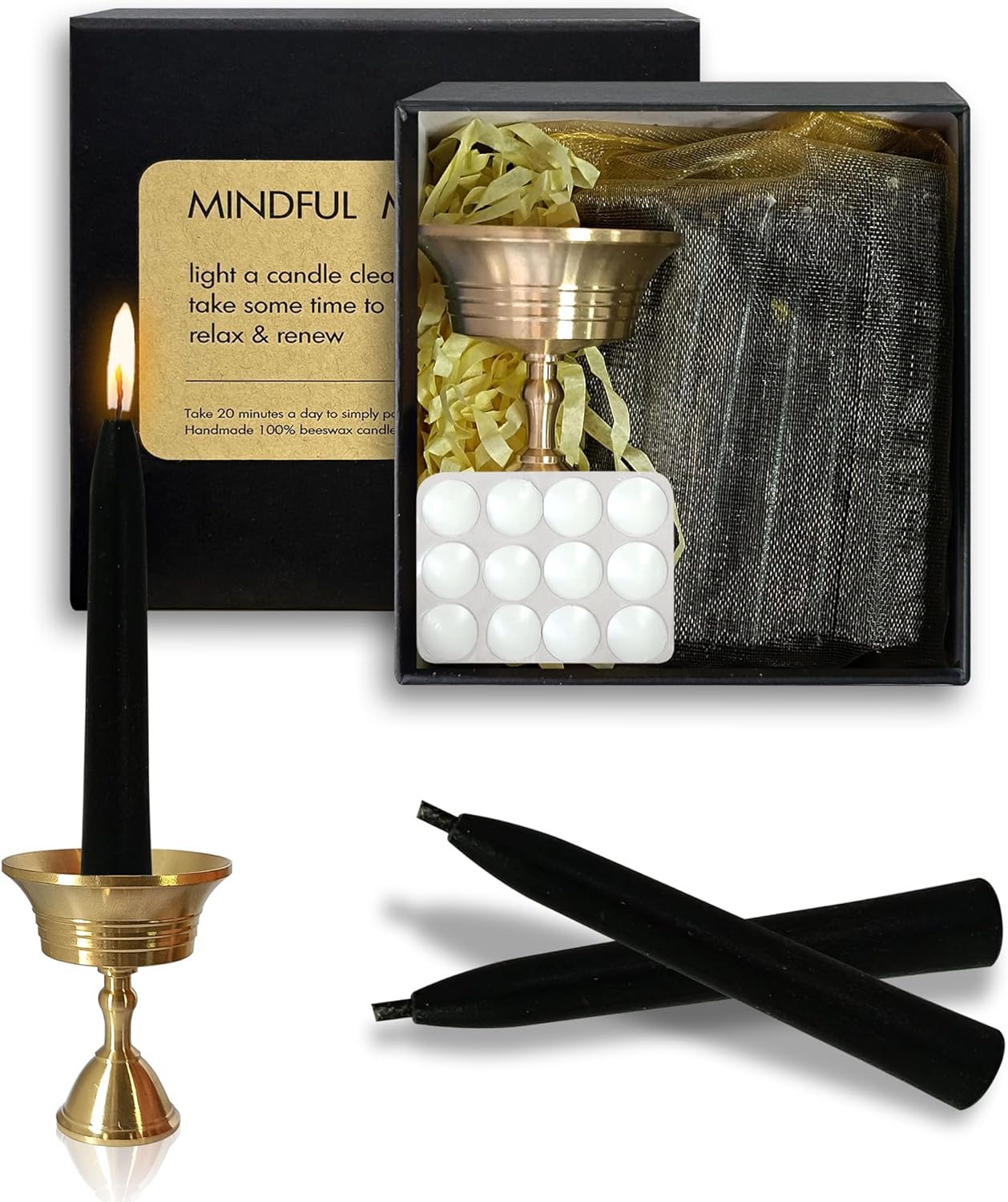 20 Min Black Meditation Candles 30 Pack with Holder and Wax Dots