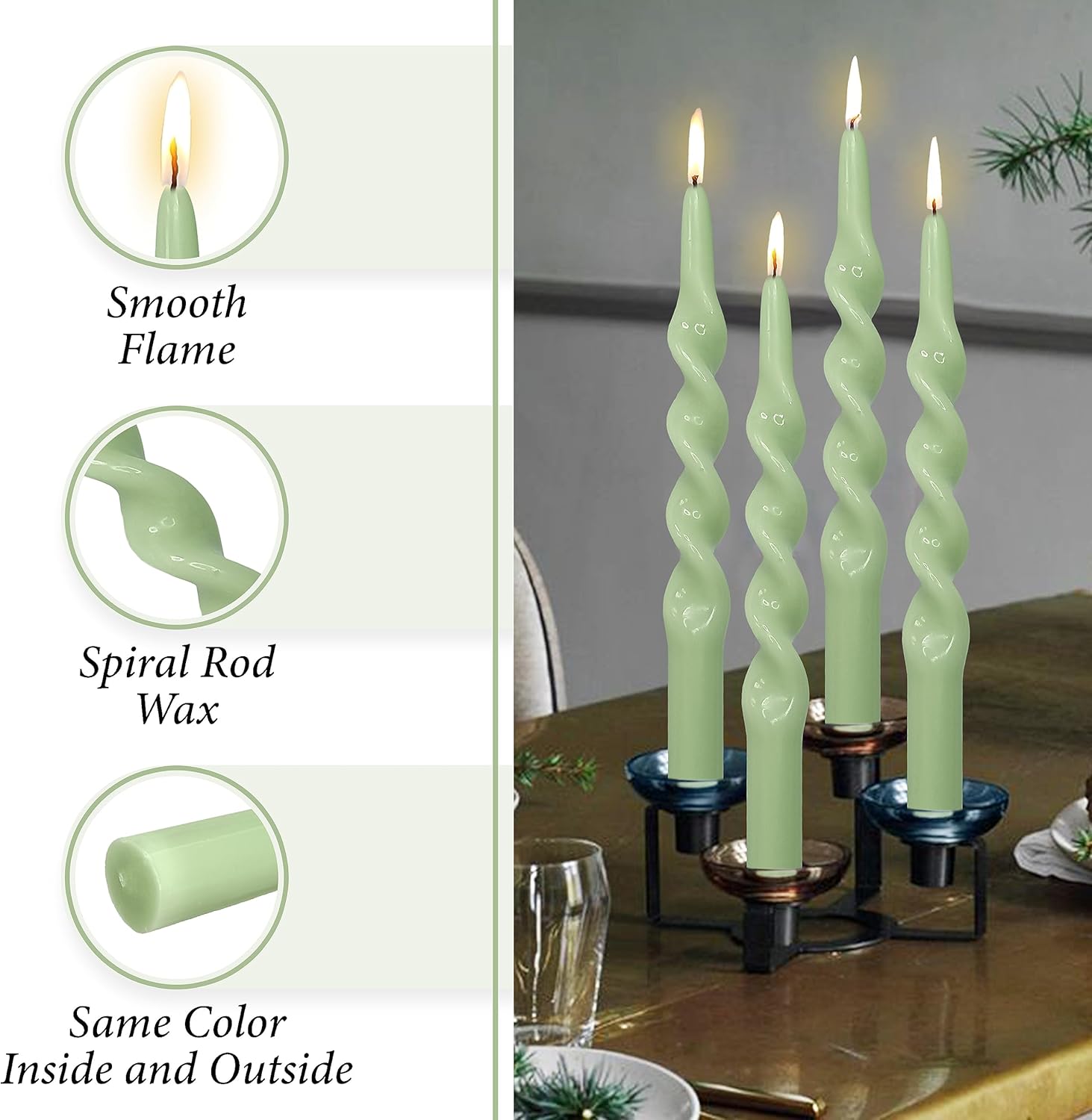 Handmade Spiral Taper Candles - Set of 4 Green