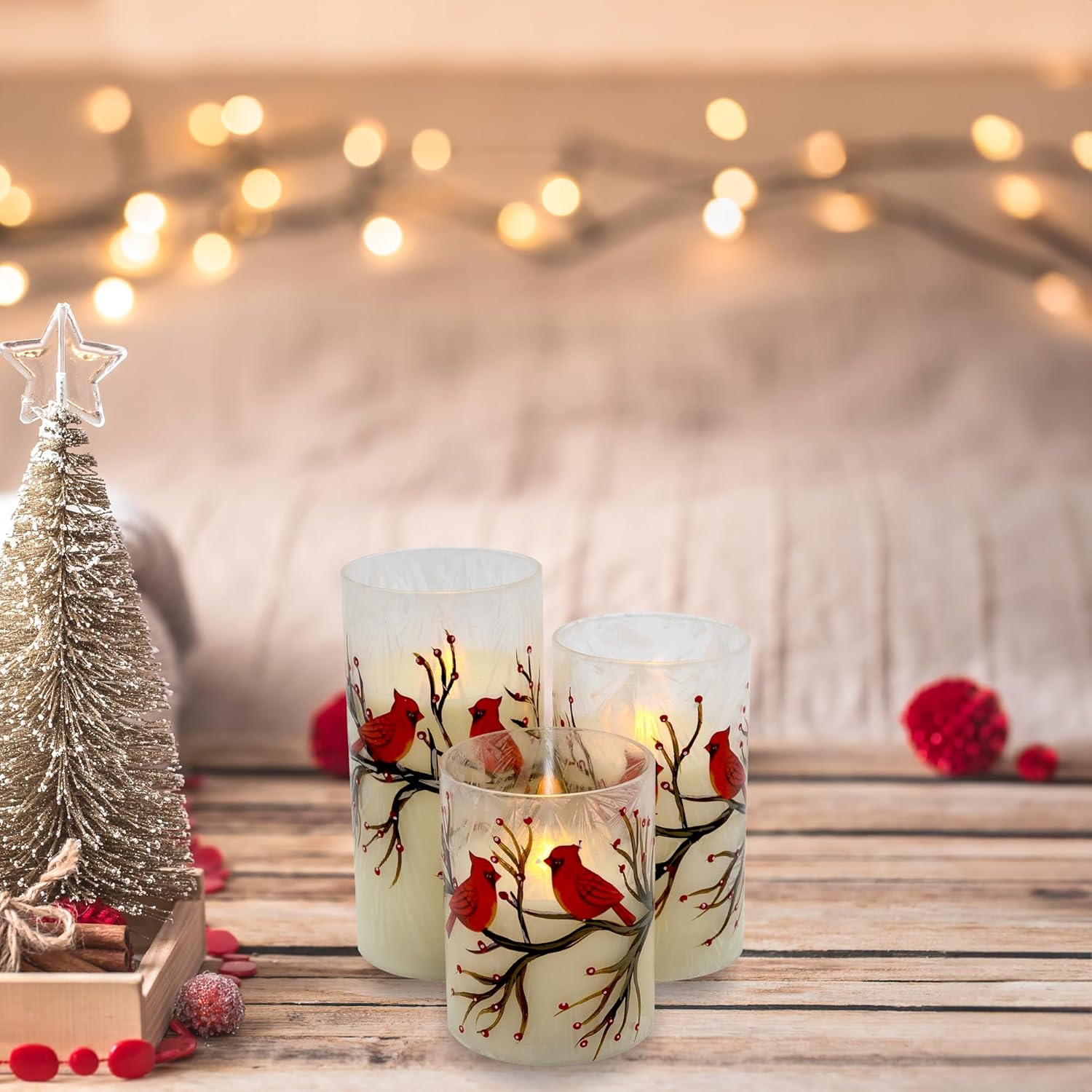 LumaBase LED Red Cardinal Hurricane Candles Set of 3
