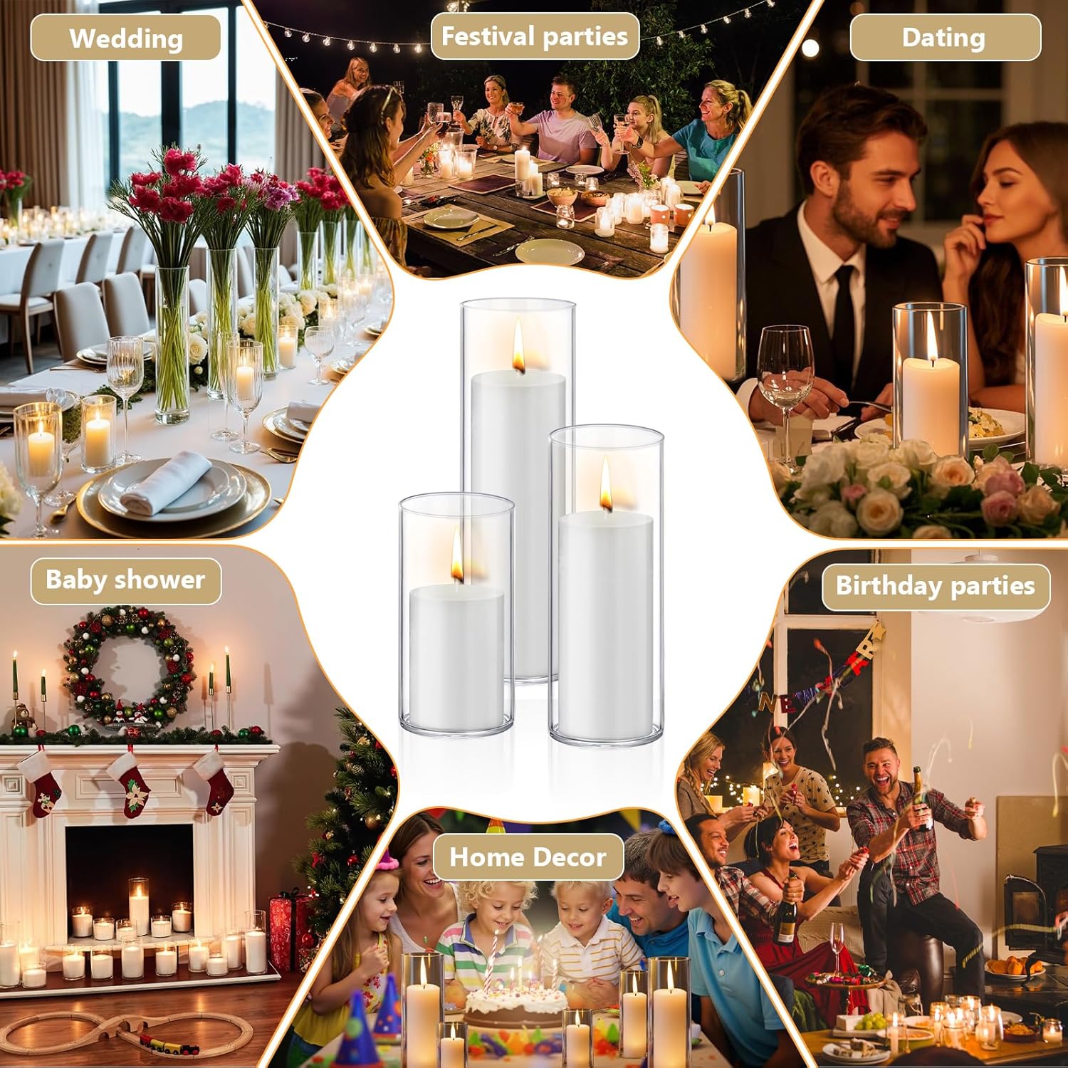 6pcs White Pillar Candles with Clear Glass Holders for Centerpieces and Events
