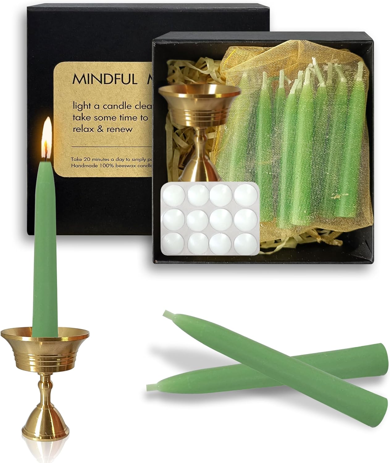 20 Min Sage Green Meditation Candles - 30 Pack with Holder and Wax Dots