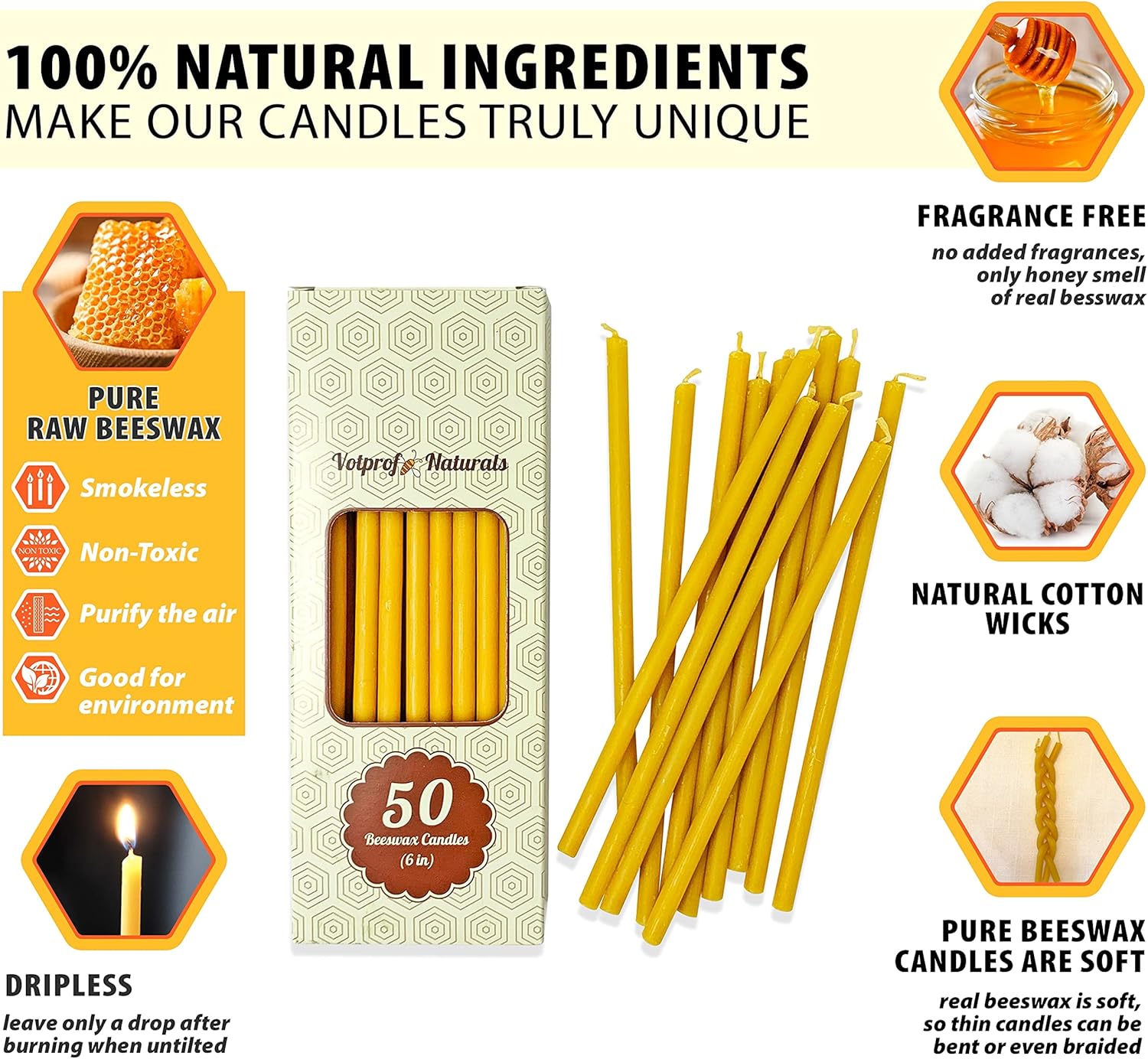 Votprof 50 Raw Beeswax Taper Candles 6 Honey Scent