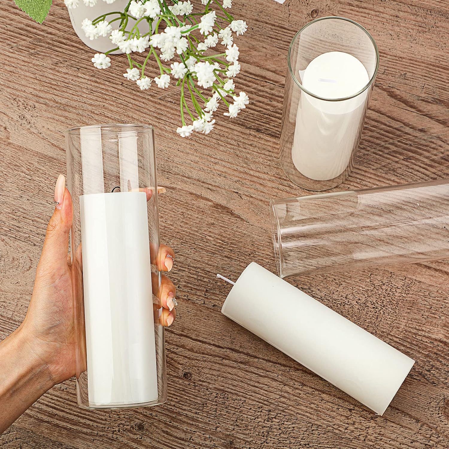 24 Pack White Pillar Candles with Glass Holders for Wedding Centerpieces